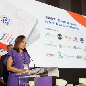 Carolina Negri, presidente executiva do SINDEPAT, apresentou o livro que comemora os 20 anos da associação, lançado no evento
